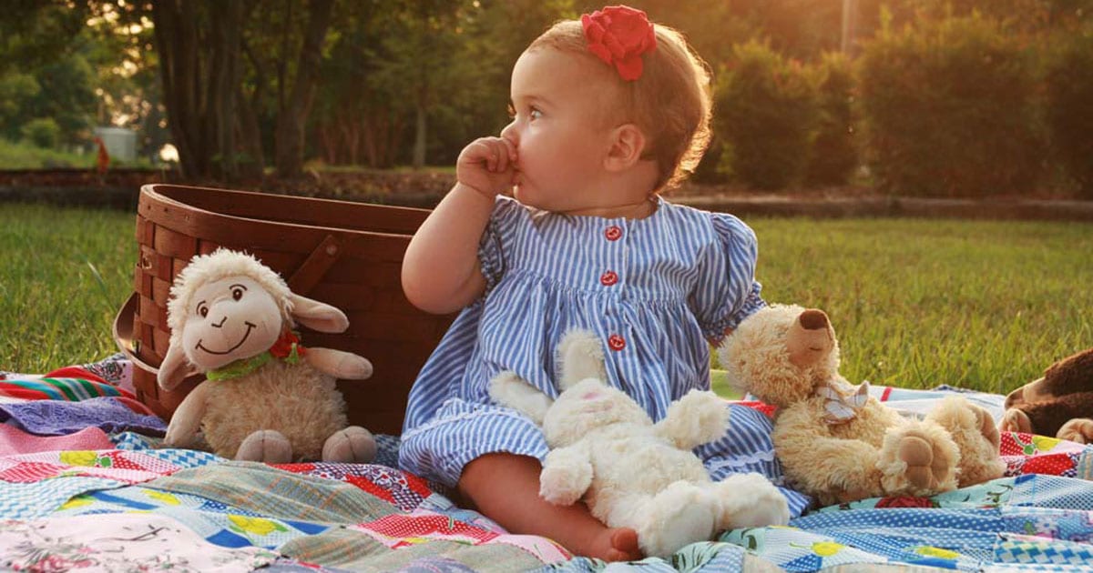little girl having a picnic with her teddies